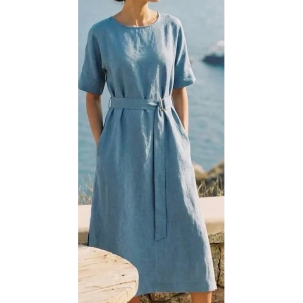 Lintico Maddie Kimono Loose Maxi Dress Blue 100% Linen Belted Short Sleeve Small